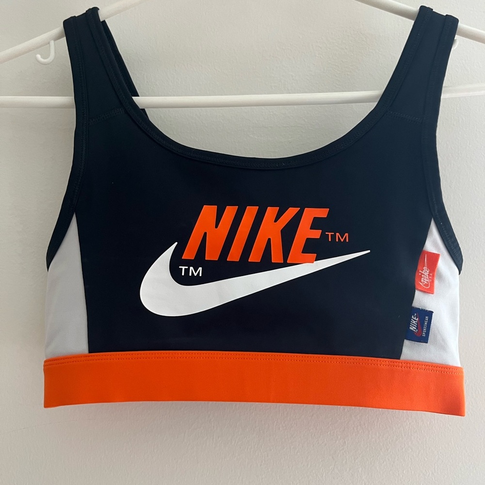 Nike Black and Orange Logo Sports Bra